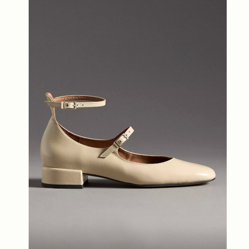 Maeve Double-Strap Block-Heel Mary Jane Flats Creme